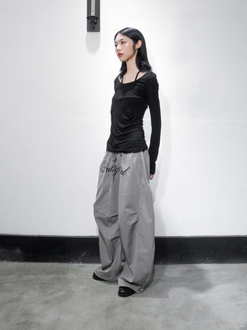 快速出貨 美式 刺繡 字母 皺褶 傘兵  闊腿  運動 長褲