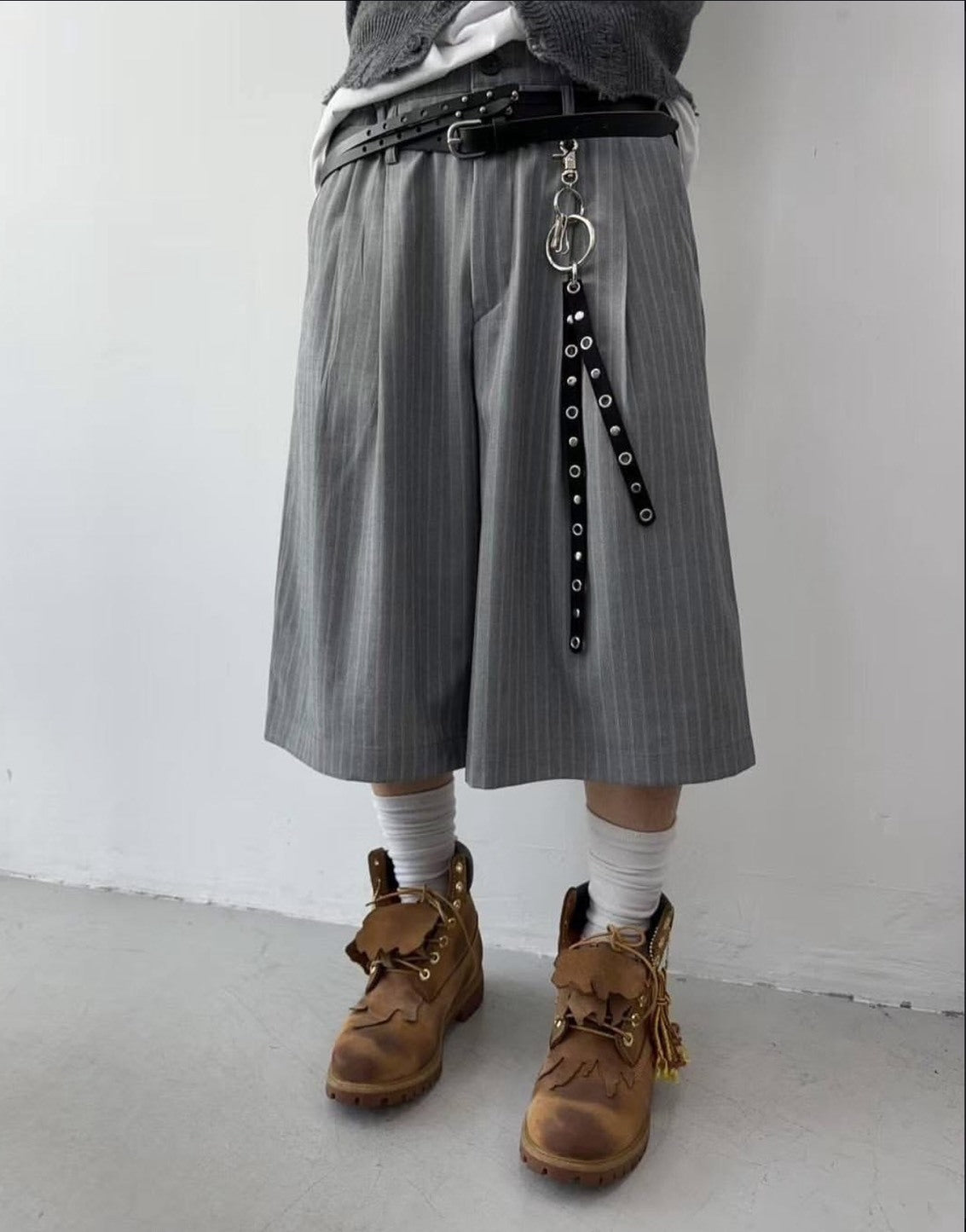 韓國 直條紋 腰帶 半鬆緊 寬鬆 西裝 短褲