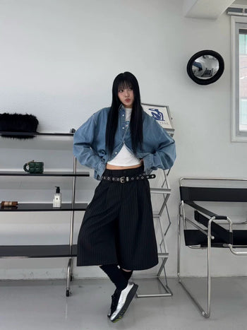 韓國 直條紋 腰帶 半鬆緊 寬鬆 西裝 短褲