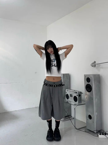 韓國 直條紋 腰帶 半鬆緊 寬鬆 西裝 短褲