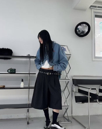 韓國 直條紋 腰帶 半鬆緊 寬鬆 西裝 短褲