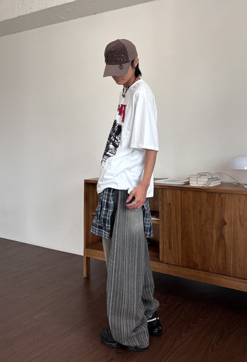 正韓 豎條紋裡刷色 街頭 闊腿 牛仔長褲