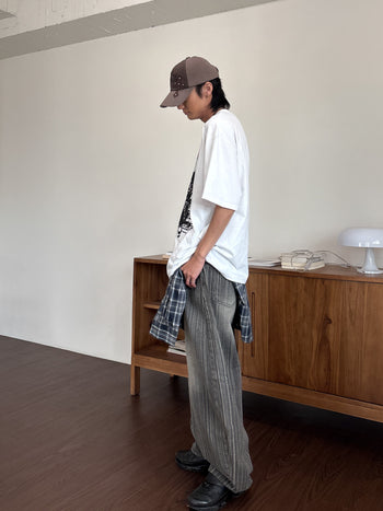 正韓 豎條紋裡刷色 街頭 闊腿 牛仔長褲