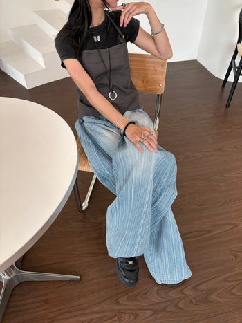 正韓 豎條紋裡刷色 街頭 闊腿 牛仔長褲