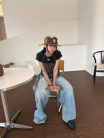 正韓 豎條紋裡刷色 街頭 闊腿 牛仔長褲