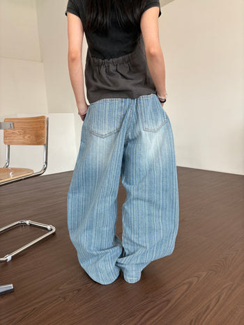 正韓 豎條紋裡刷色 街頭 闊腿 牛仔長褲