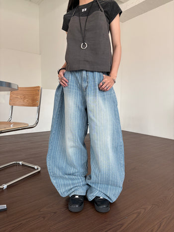 正韓 豎條紋裡刷色 街頭 闊腿 牛仔長褲