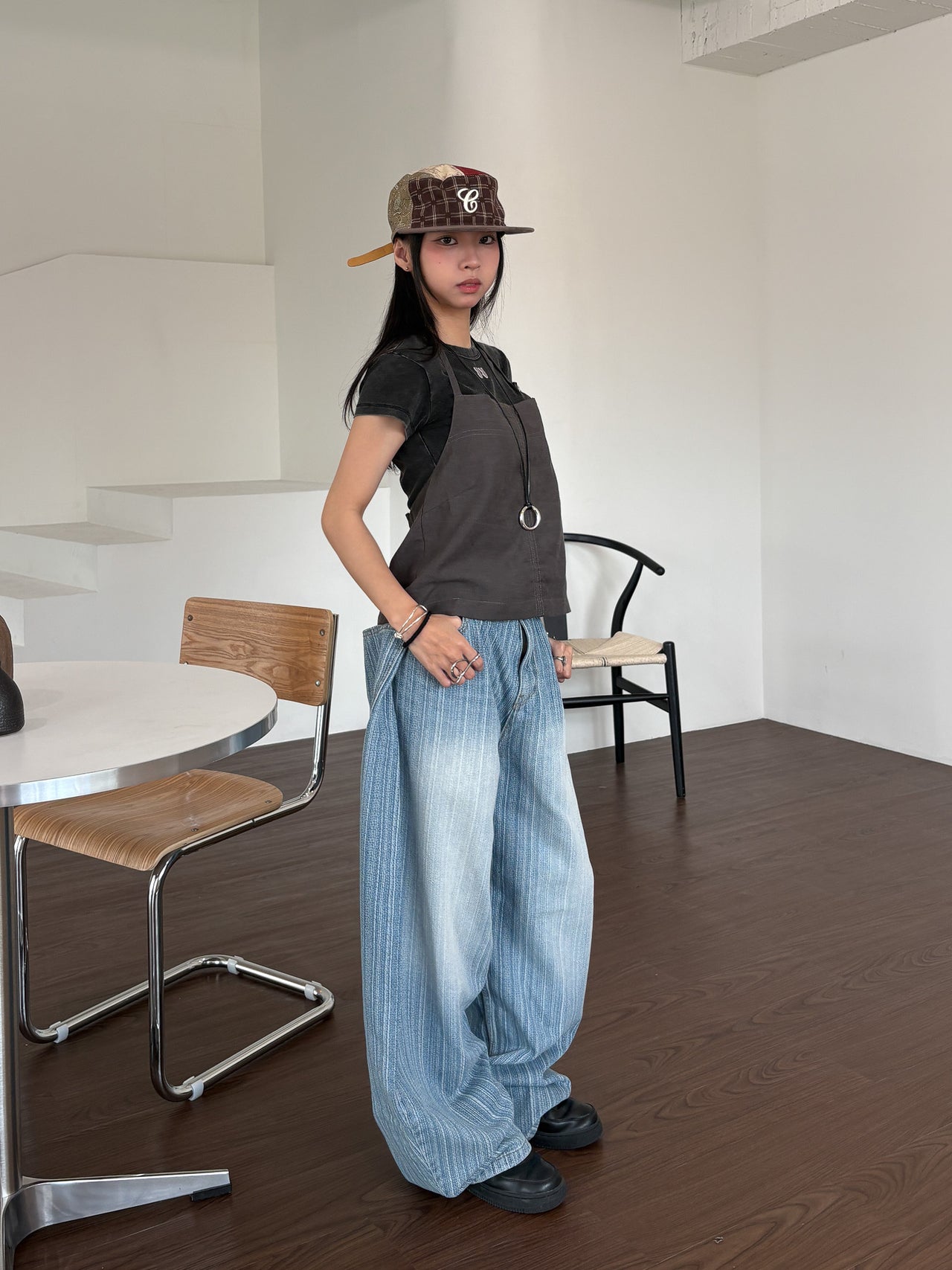 正韓 豎條紋裡刷色 街頭 闊腿 牛仔長褲