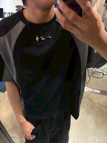 E’TREALOUEST 25SS Layered Mesh Boxy 拼接 網眼 黑色短袖