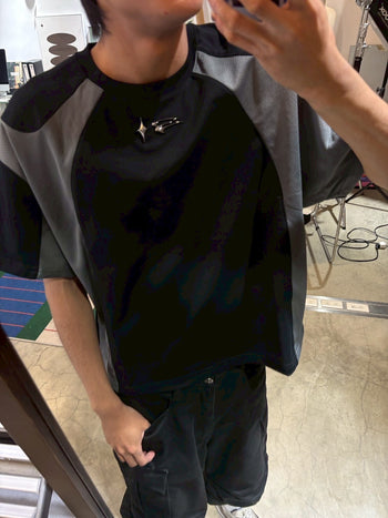 E’TREALOUEST 25SS Layered Mesh Boxy 拼接 網眼 黑色短袖