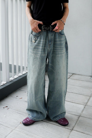 “MADE 𝗚𝘂𝗯𝗮𝗻 " 寬鬆 刷破 做舊 竹節 牛仔褲