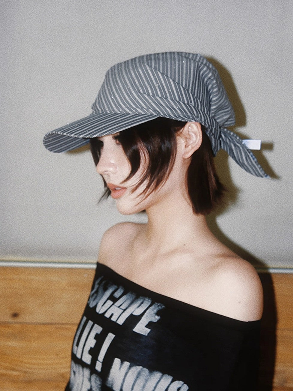 復古 燙貼 條紋 綁帶 棒球帽