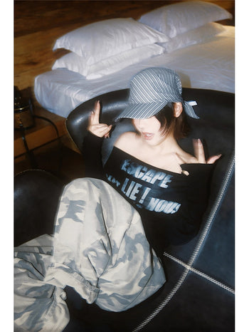 復古 燙貼 條紋 綁帶 棒球帽