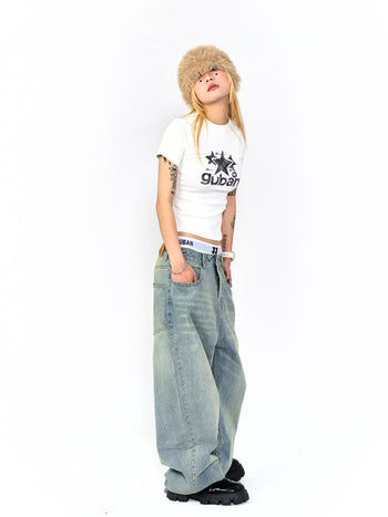 “MADE 𝗚𝘂𝗯𝗮𝗻 " 寬鬆 刷破 做舊 竹節 牛仔褲