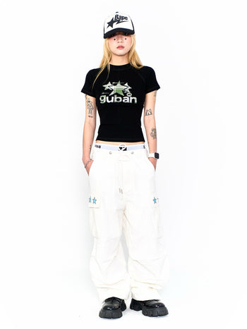 “MADE 𝗚𝘂𝗯𝗮𝗻 " 街舞 綠格 拼接 星星 正肩 短板 彈性 短袖