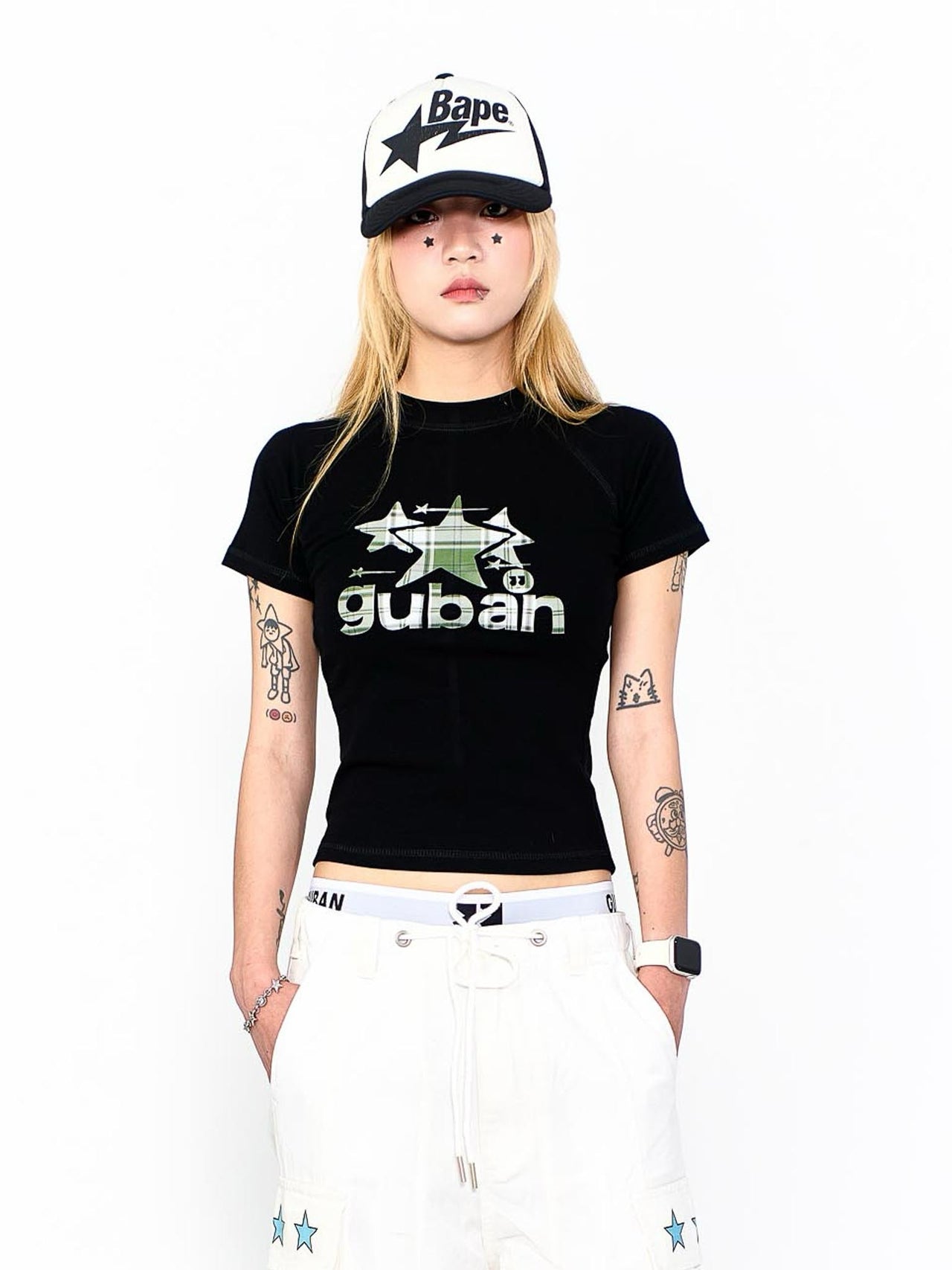 “MADE 𝗚𝘂𝗯𝗮𝗻 " 街舞 綠格 拼接 星星 正肩 短板 彈性 短袖