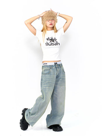 “MADE 𝗚𝘂𝗯𝗮𝗻 " 街舞 灰格 拼接 星星 正肩 短板 彈性 短袖