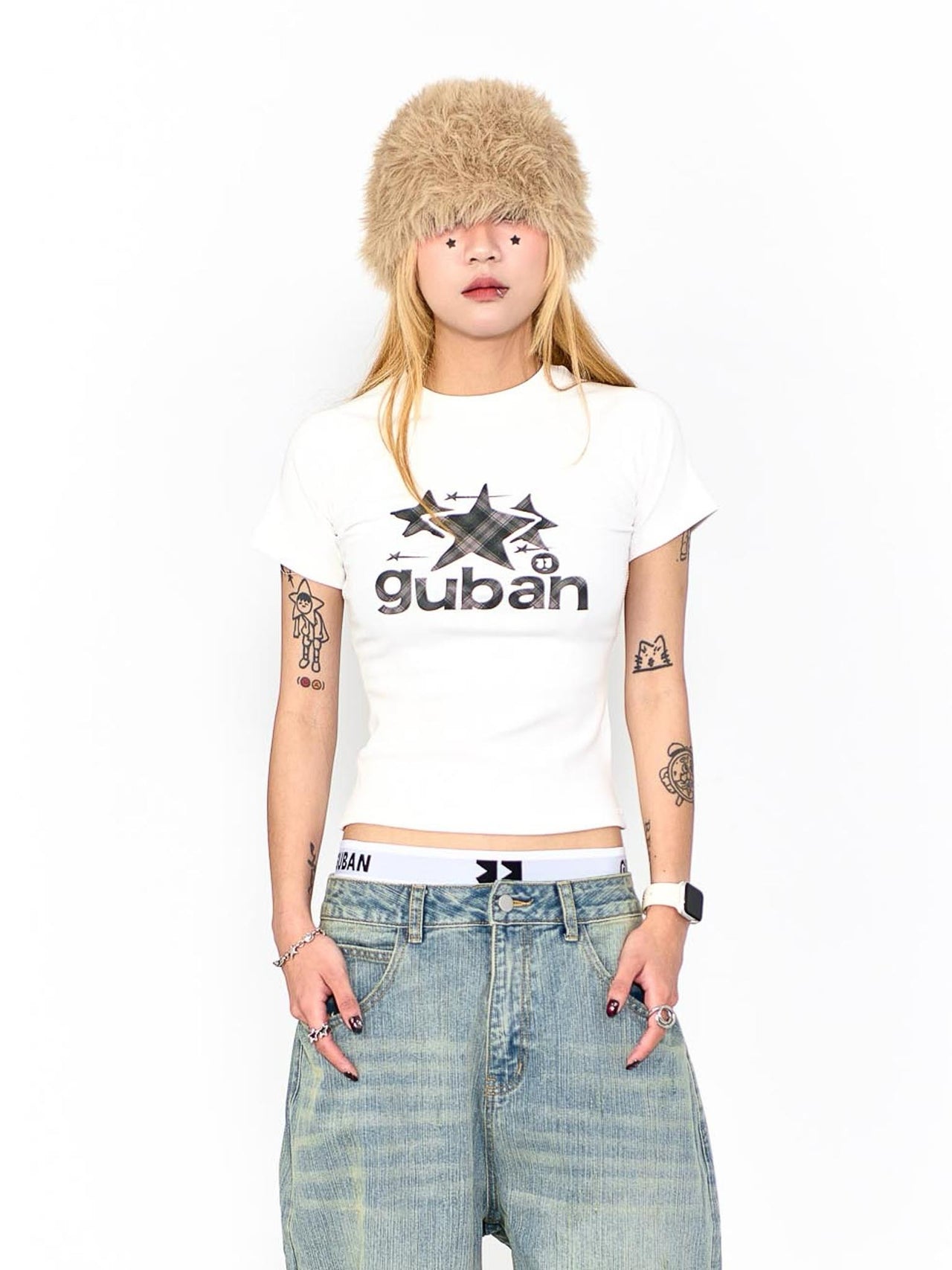 “MADE 𝗚𝘂𝗯𝗮𝗻 " 街舞 灰格 拼接 星星 正肩 短板 彈性 短袖