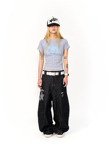 “MADE 𝗚𝘂𝗯𝗮𝗻 " 星星 街舞 彎刀 原創 原牛 闊腿 做舊 牛仔褲