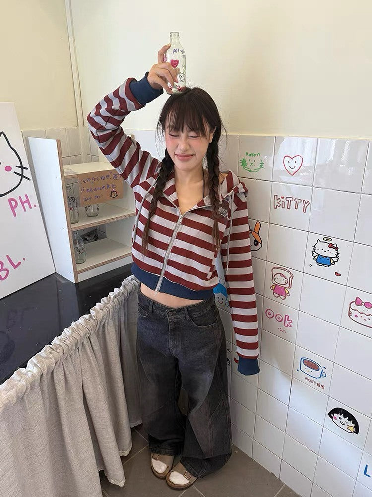 美式 復古 拼色 條紋 連帽 短版 外套