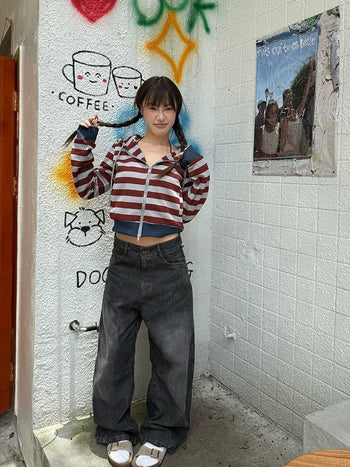 美式 復古 拼色 條紋 連帽 短版 外套