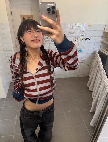 美式 復古 拼色 條紋 連帽 短版 外套