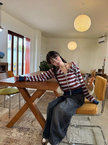 美式 復古 拼色 條紋 連帽 短版 外套