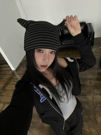 正韓 復古 Y2K 條文 立耳 貓耳朵 冷帽 帽子