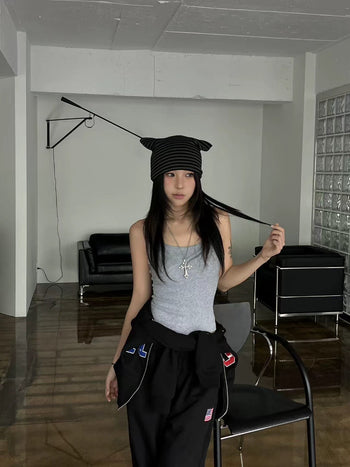 正韓 復古 Y2K 條文 立耳 貓耳朵 冷帽 帽子
