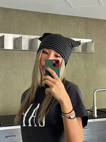 正韓 復古 Y2K 條文 立耳 貓耳朵 冷帽 帽子