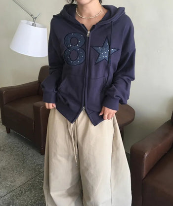 數字 星星 貼布 寬鬆 連帽 外套