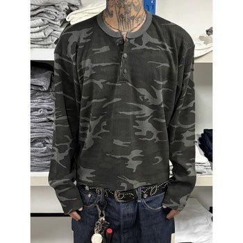 韓國 迷彩 華夫格 短版 亨利領 長袖 上衣