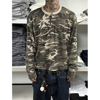 韓國 迷彩 華夫格 短版 亨利領 長袖 上衣