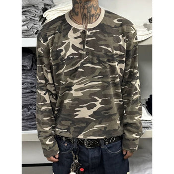 韓國 迷彩 華夫格 短版 亨利領 長袖 上衣