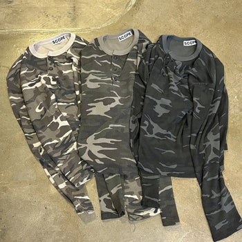 韓國 迷彩 華夫格 短版 亨利領 長袖 上衣