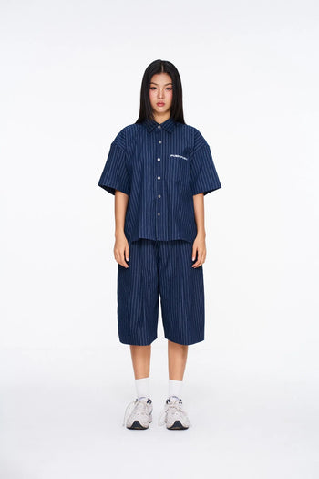 PUSH PUSH - VEEV SHIRT 寬鬆條紋刺繡文字線條短袖襯衫