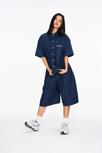 PUSH PUSH - VEEV SHIRT 寬鬆條紋刺繡文字線條短袖襯衫