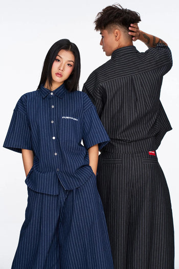 PUSH PUSH - VEEV SHIRT 寬鬆條紋刺繡文字線條短袖襯衫