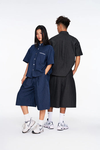 PUSH PUSH - VEEV SHIRT 寬鬆條紋刺繡文字線條短袖襯衫