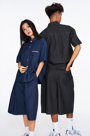 PUSH PUSH - VEEV SHIRT 寬鬆條紋刺繡文字線條短袖襯衫