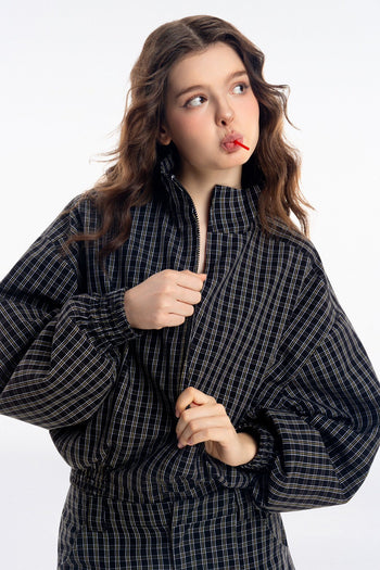PUSH PUSH - Gingham Zip Jacket 翻領 格紋 百搭 休閒 短款 外套