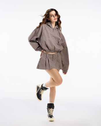 PUSH PUSH - Gingham Half-Zip Hoodie 格紋 復古 短寬 連帽 長袖 帽踢