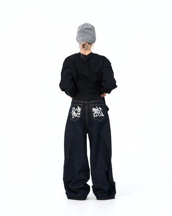 “MADE 𝗚𝘂𝗯𝗮𝗻 " 復古 闊腿 塗鴉 原牛 牛仔褲