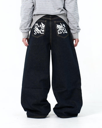 “MADE 𝗚𝘂𝗯𝗮𝗻 " 復古 闊腿 塗鴉 原牛 牛仔褲