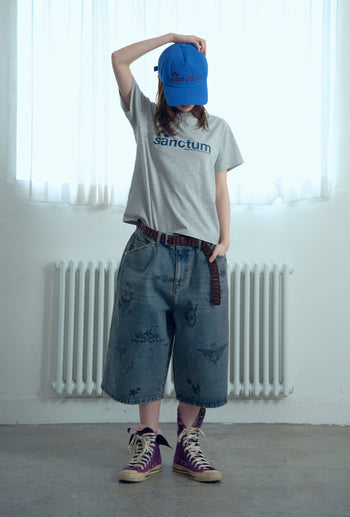 NICEGHOSTCLUB -BIG WIDE BERMUDA DOODLE DENIM PANTS 塗鴉短褲 [藍色] P-N156