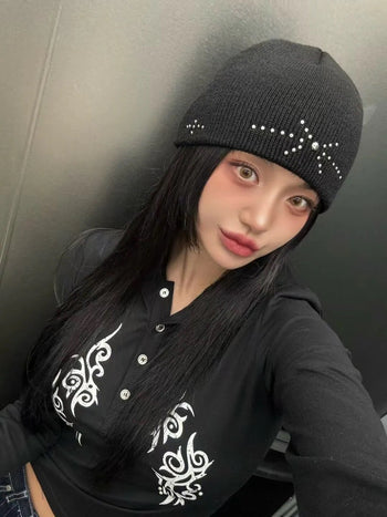 正韓 鉚釘 復古 休閒 針織 冷帽