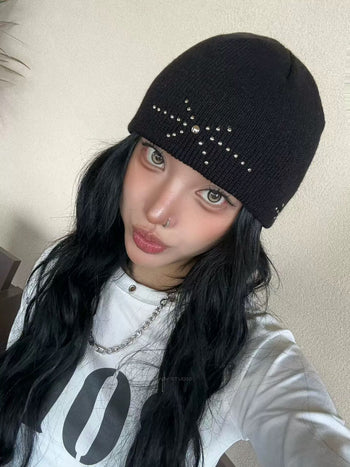 正韓 鉚釘 復古 休閒 針織 冷帽