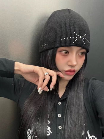 正韓 鉚釘 復古 休閒 針織 冷帽