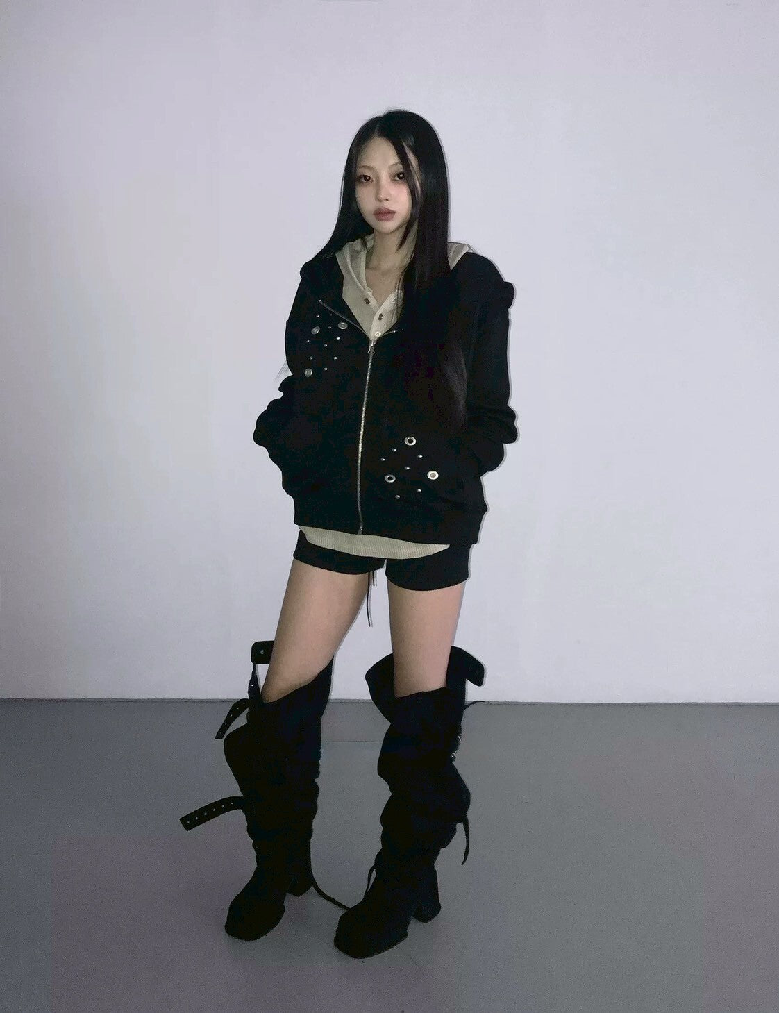 正韓 設計 拉鍊 寬鬆 洞口 小眾 連帽外套