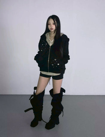 正韓 設計 拉鍊 寬鬆 洞口 小眾 連帽外套